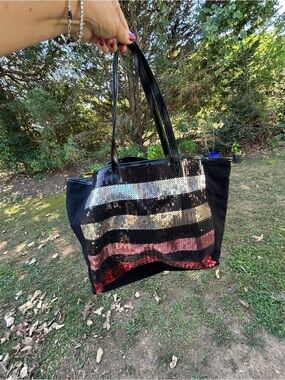 Victoria secret Stripe Tote Bag - Black with Gold, Silver and Red Accents